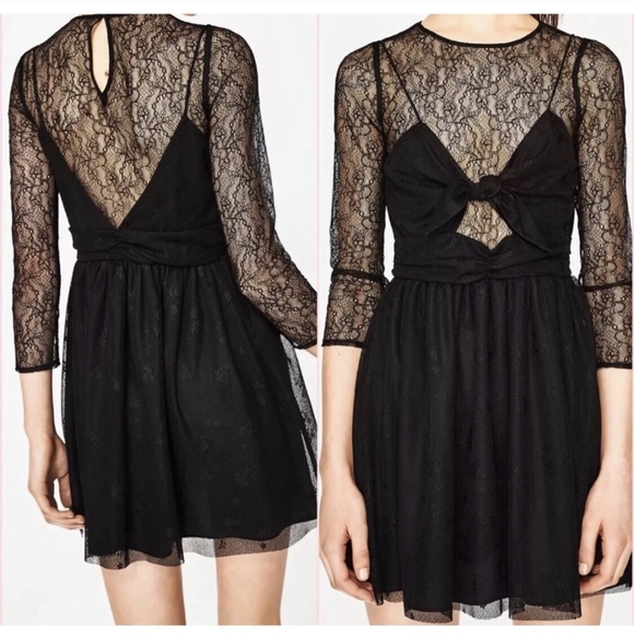 Zara Dresses & Skirts - ZARA Trafaluc NWT LBD Lace Dress Front Tie Cutout